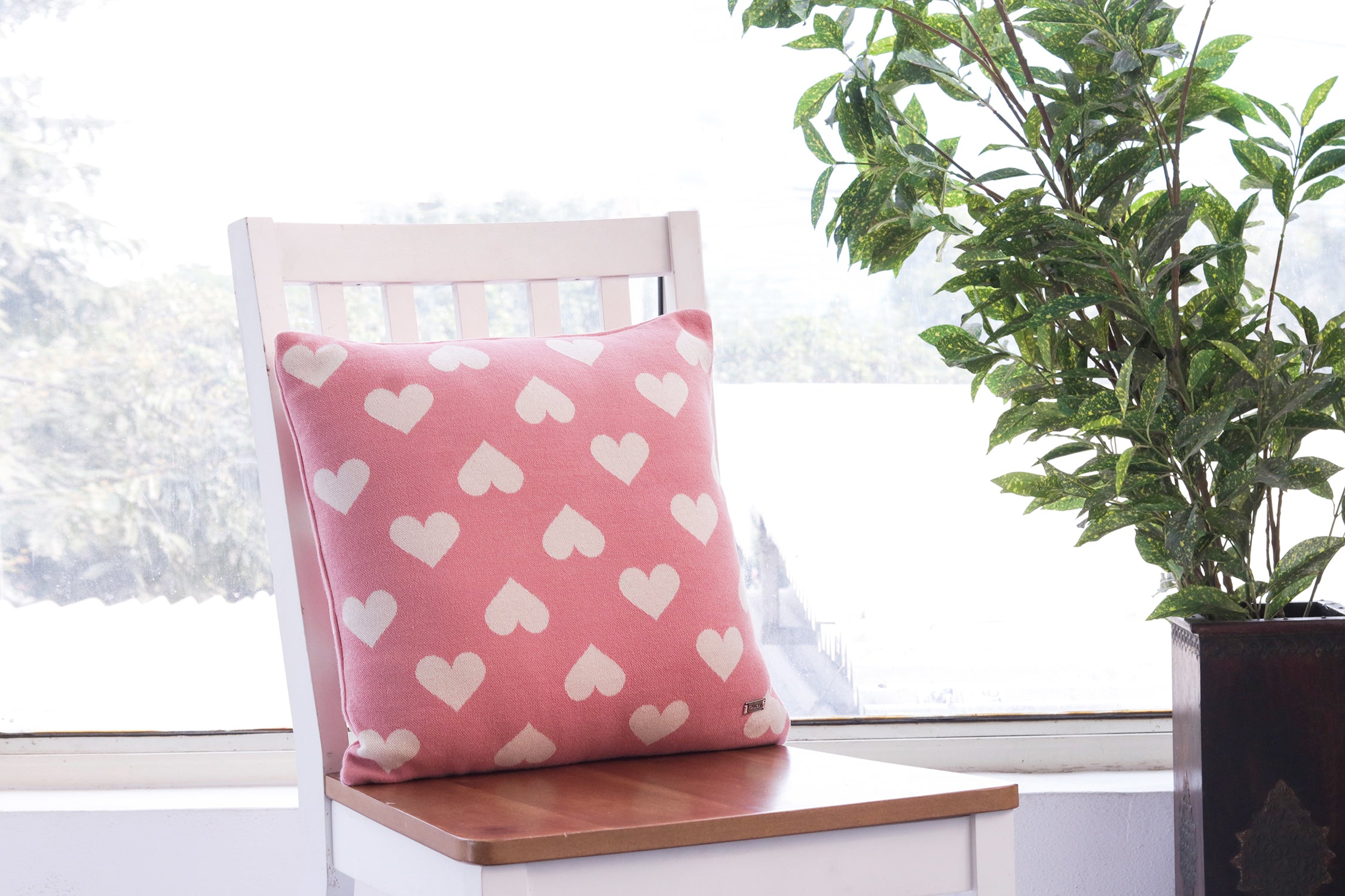 All Over Hearts - Cotton Knitted Cushion Cover (Blossom &amp; Natural Color)