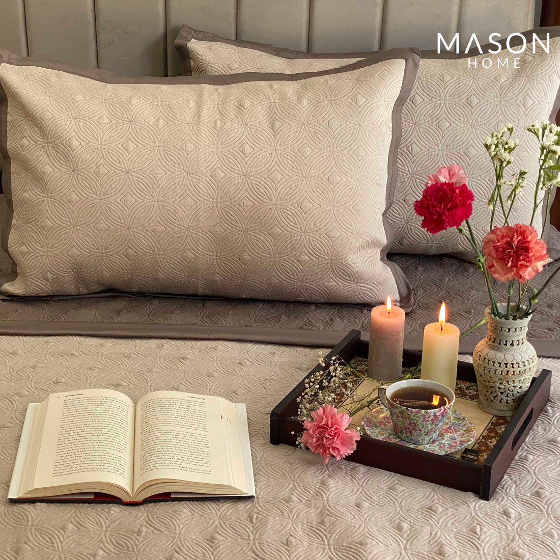 Cotton Bedspread - Buff And Khaki (Reversible)