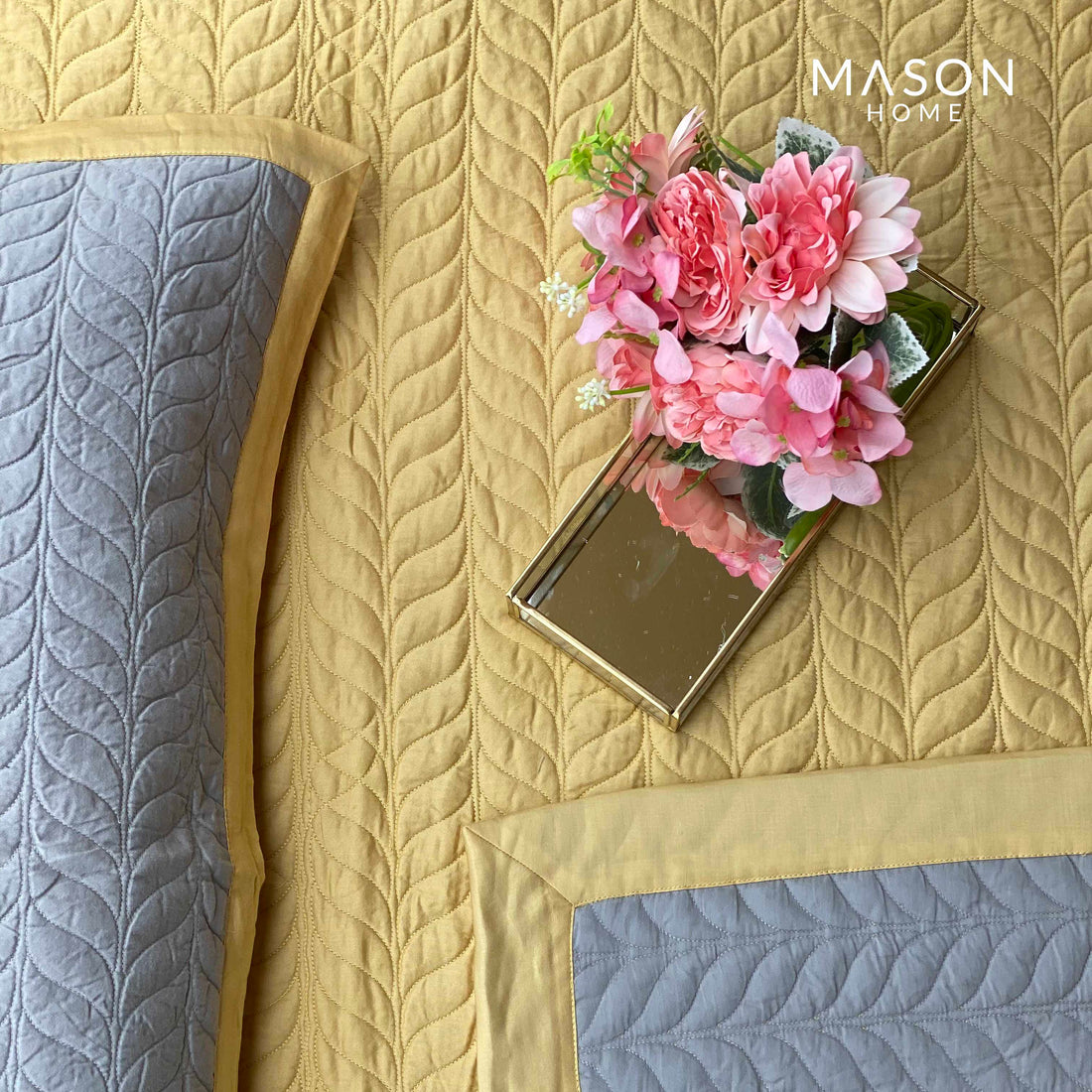 Cotton Bedspread - Butter Cup Yellow And Sandstone Grey (Reversible)