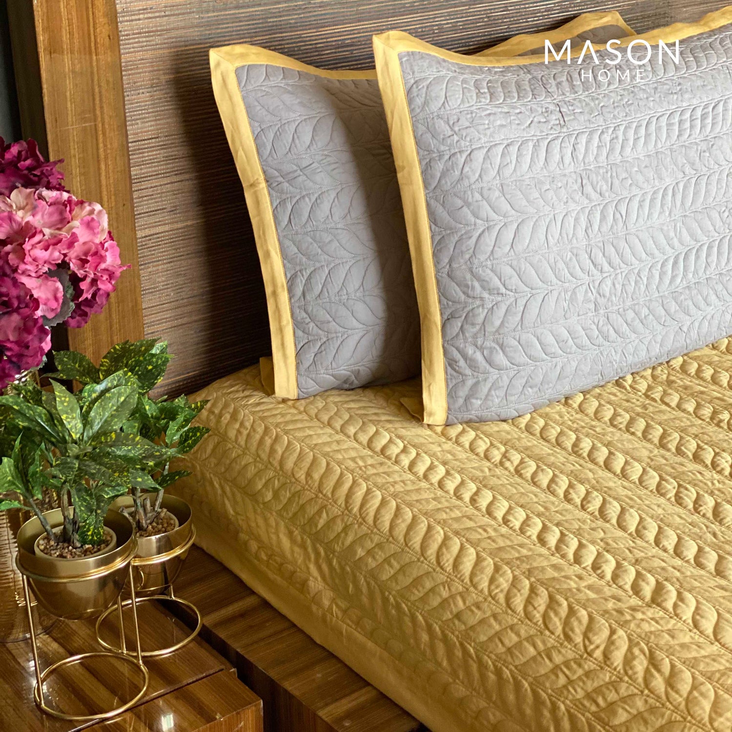 Cotton Bedspread - Butter Cup Yellow And Sandstone Grey (Reversible)