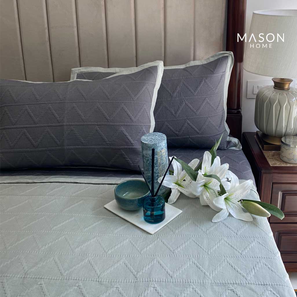 Cotton Bedspread - Dark Grey And Sage Green (Reversible)