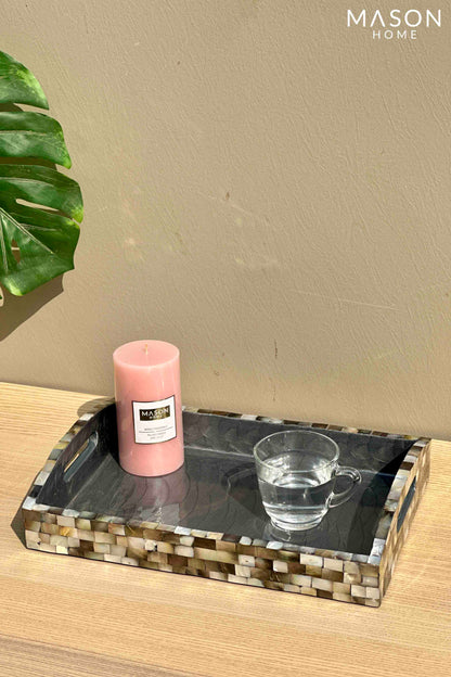 Black Mother Of Pearl Round Handle Tray  - Small