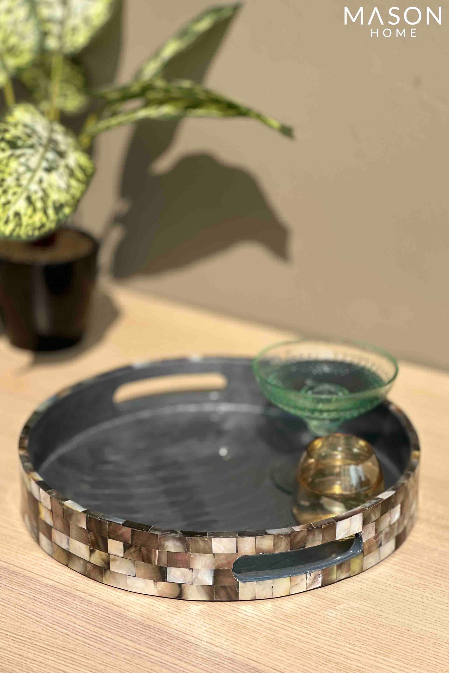 Black Mother Of Pearl Round Tray  - Medium