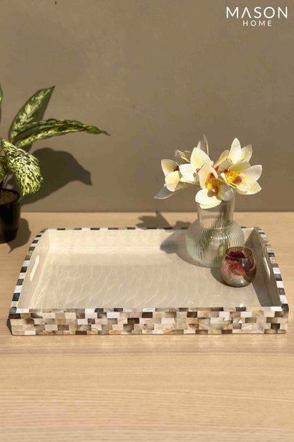 Black &amp; White Mother Of Pearl Round Handle Tray  - Large