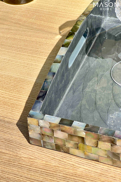 Black Mother Of Pearl Round Handle Tray  - Large