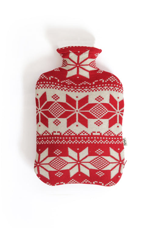 Snowflakes - Red &amp; Natural Knitted Hot Water Bottle Cover