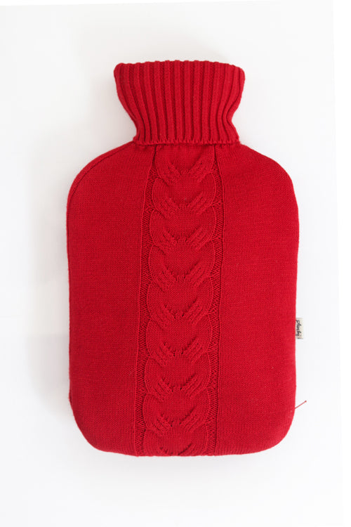 Cable Knit With Collar - Red &amp; Natural Knitted Hot Water Bottle Cover