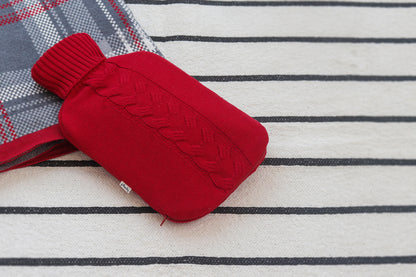 Cable Knit With Collar - Red &amp; Natural Knitted Hot Water Bottle Cover