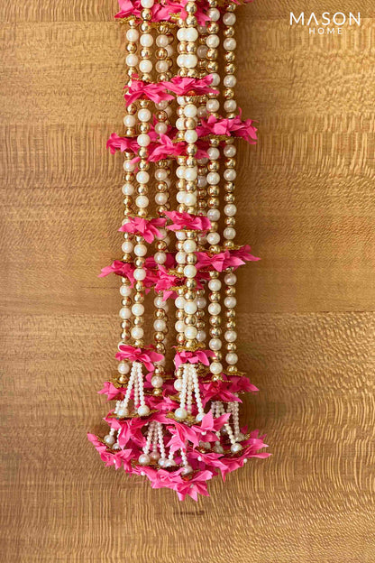 Pink Floral Pearl Side Latkan - Set Of 10 (3 Feet)