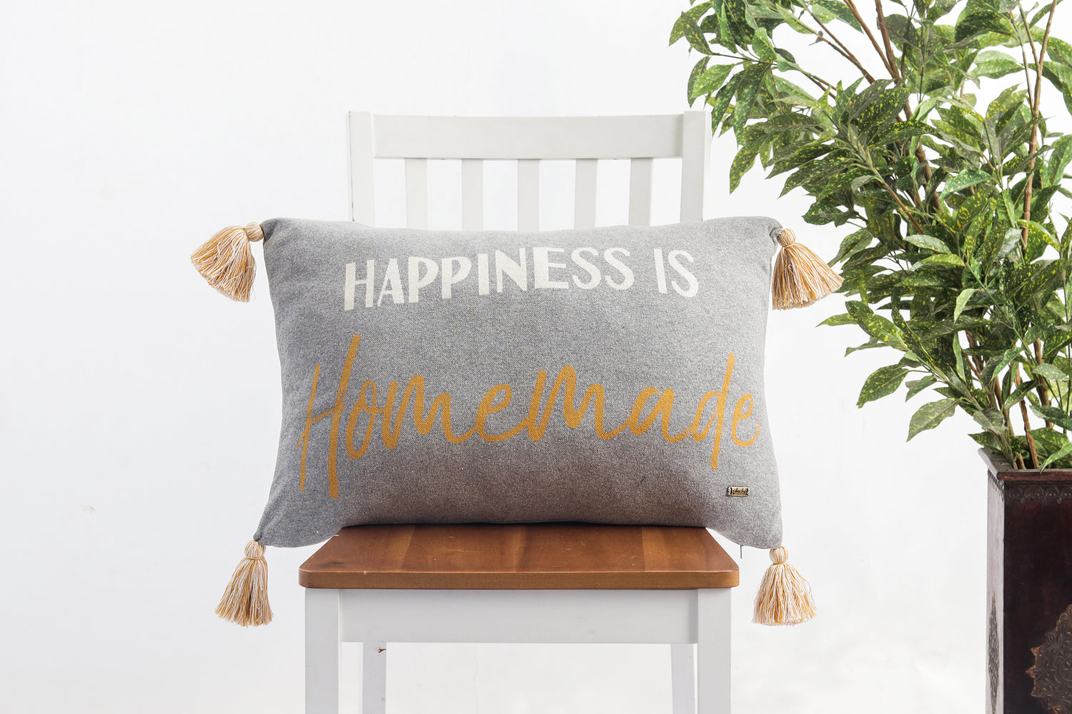 Happiness Is Homemade - Light Grey Cotton Knitted Decorative Cushion Cover