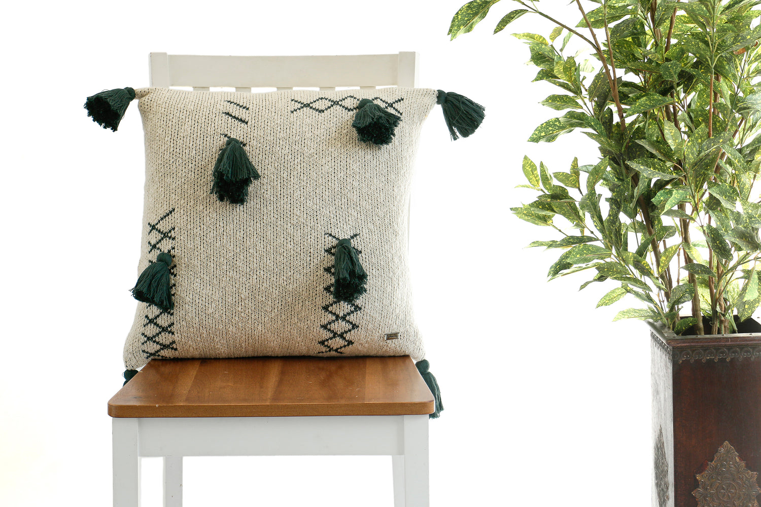 Willow - Natural &amp; Charcoal Green Cotton Knitted Decorative Cushion Cover