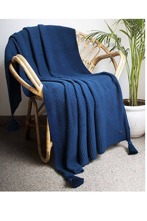 Seed Stitch - Chunky Knit Estate Blue Color Knitted Throw Blanket