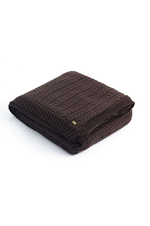 Mini Cable Knit - Brown Knitted Throw Blanket With Warm Sherpa Fabric In Back