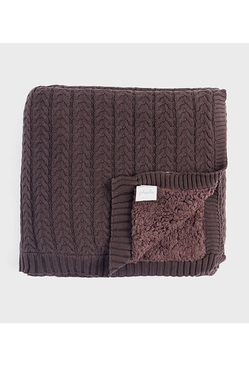 Mini Cable Knit - Brown Knitted Throw Blanket With Warm Sherpa Fabric In Back
