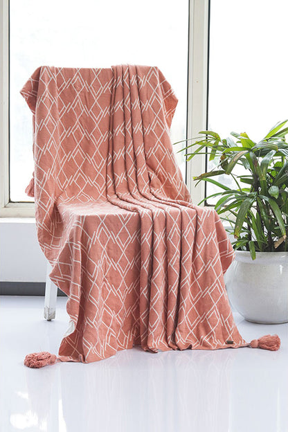 Gianna - Dusty Coral &amp; Natural Knitted Throw Blanket With Dohar