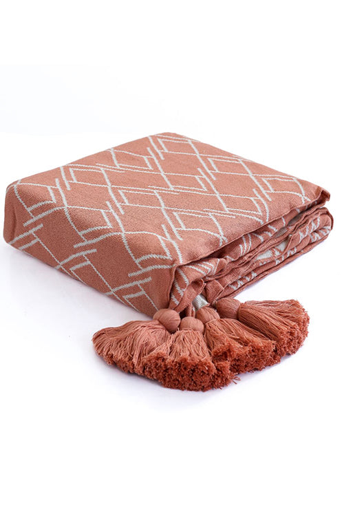 Gianna - Dusty Coral &amp; Natural Knitted Throw Blanket With Dohar