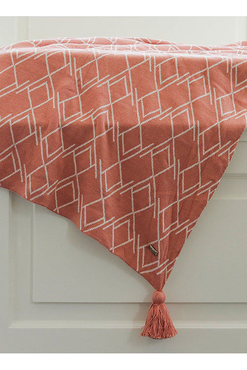 Gianna - Dusty Coral &amp; Natural Knitted Throw Blanket With Dohar