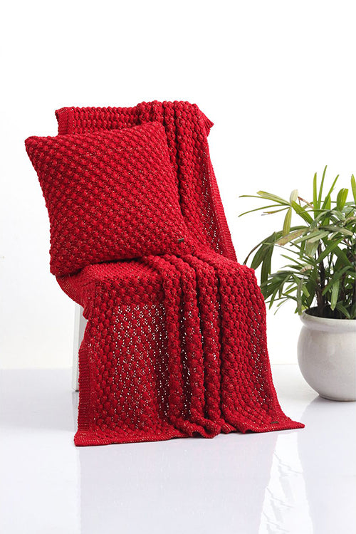 Popcorn - Red With Gold Metallic Yarn Knitted Throw Blanket