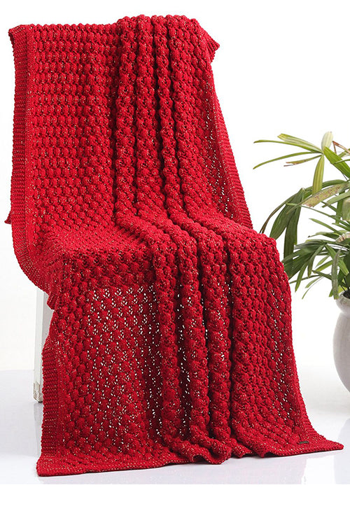 Popcorn - Red With Gold Metallic Yarn Knitted Throw Blanket