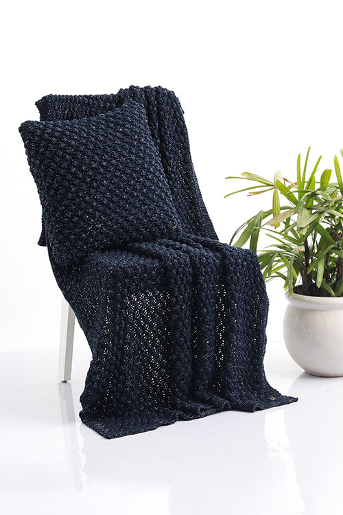 Popcorn - Navy With Silver Metallic Yarn Knitted Throw Blanket