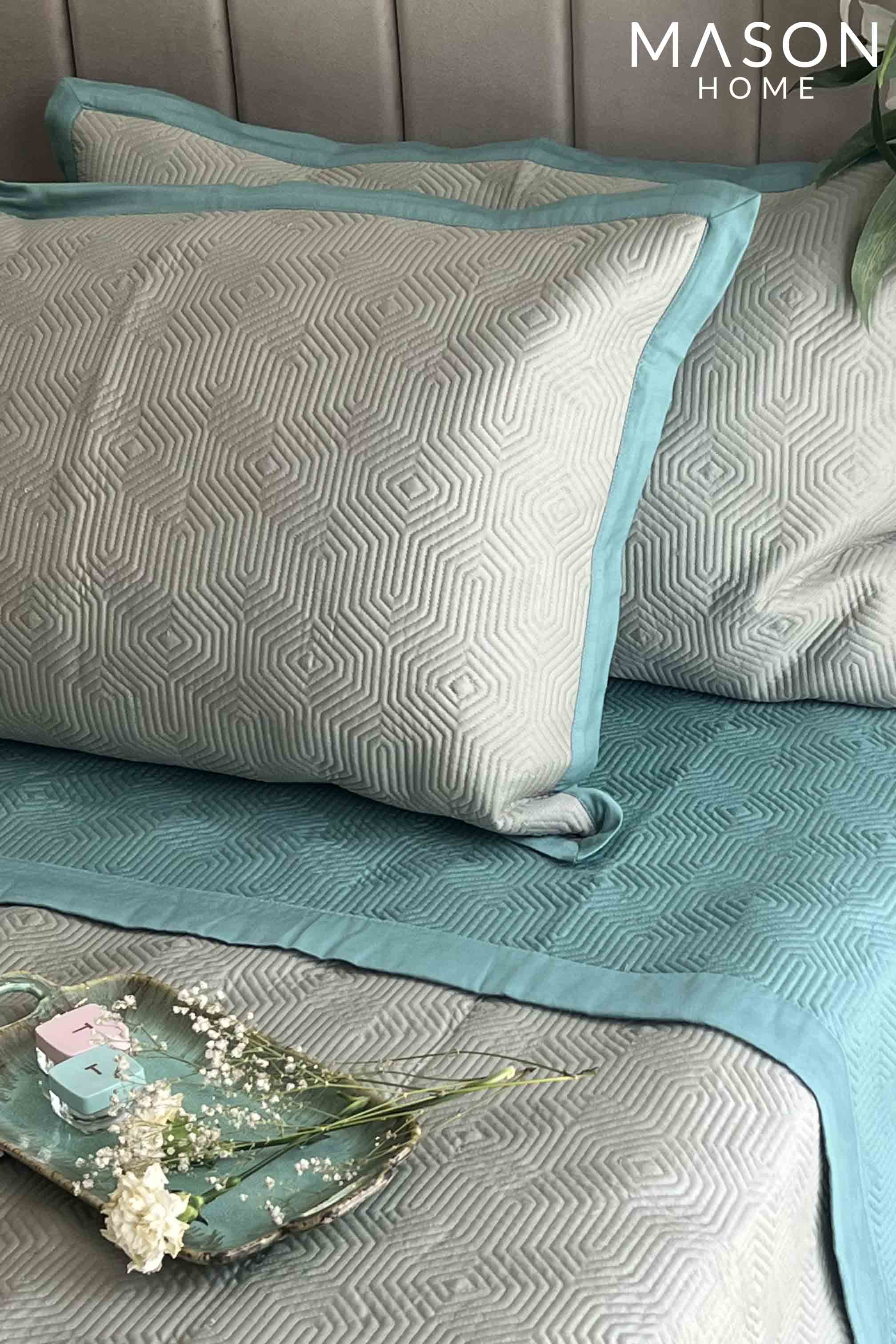 Sage Green And Turquoise Diaco Cotton Reversible Bedspread