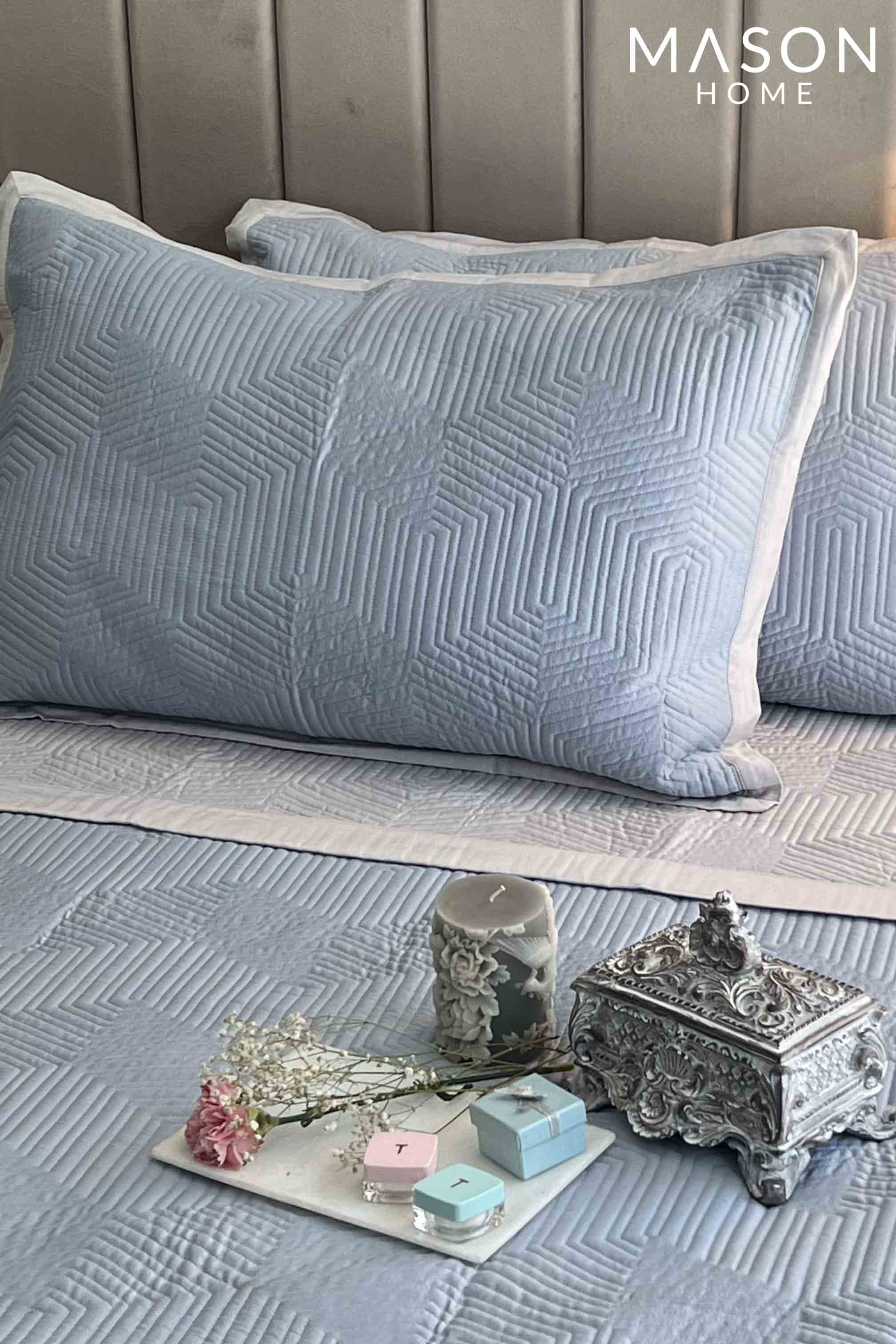 Smoke Blue And Grey Mosaic Cotton Reversible Bedspread