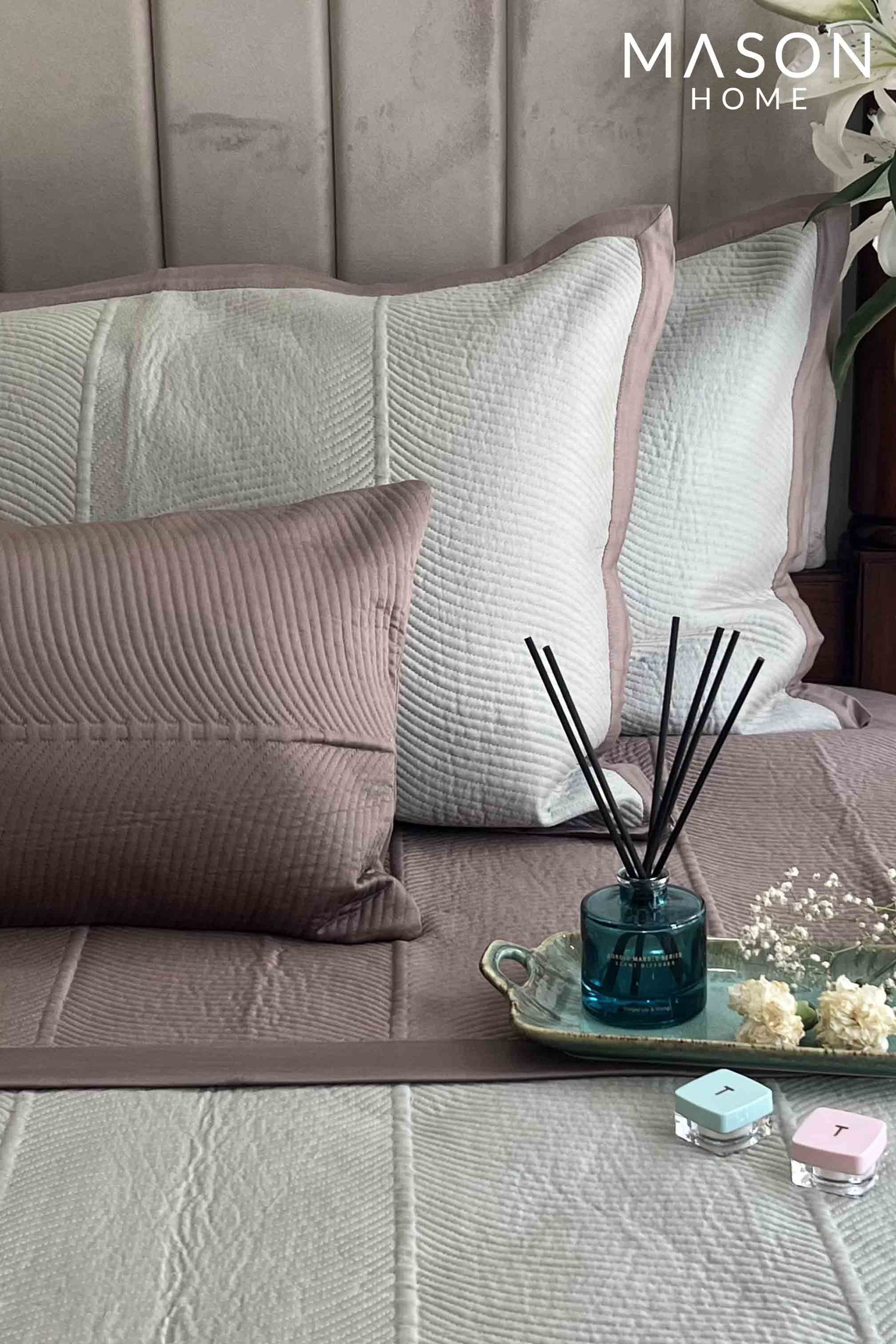 Sage Green And Taupe Rosette Cotton Reversible Bedspread