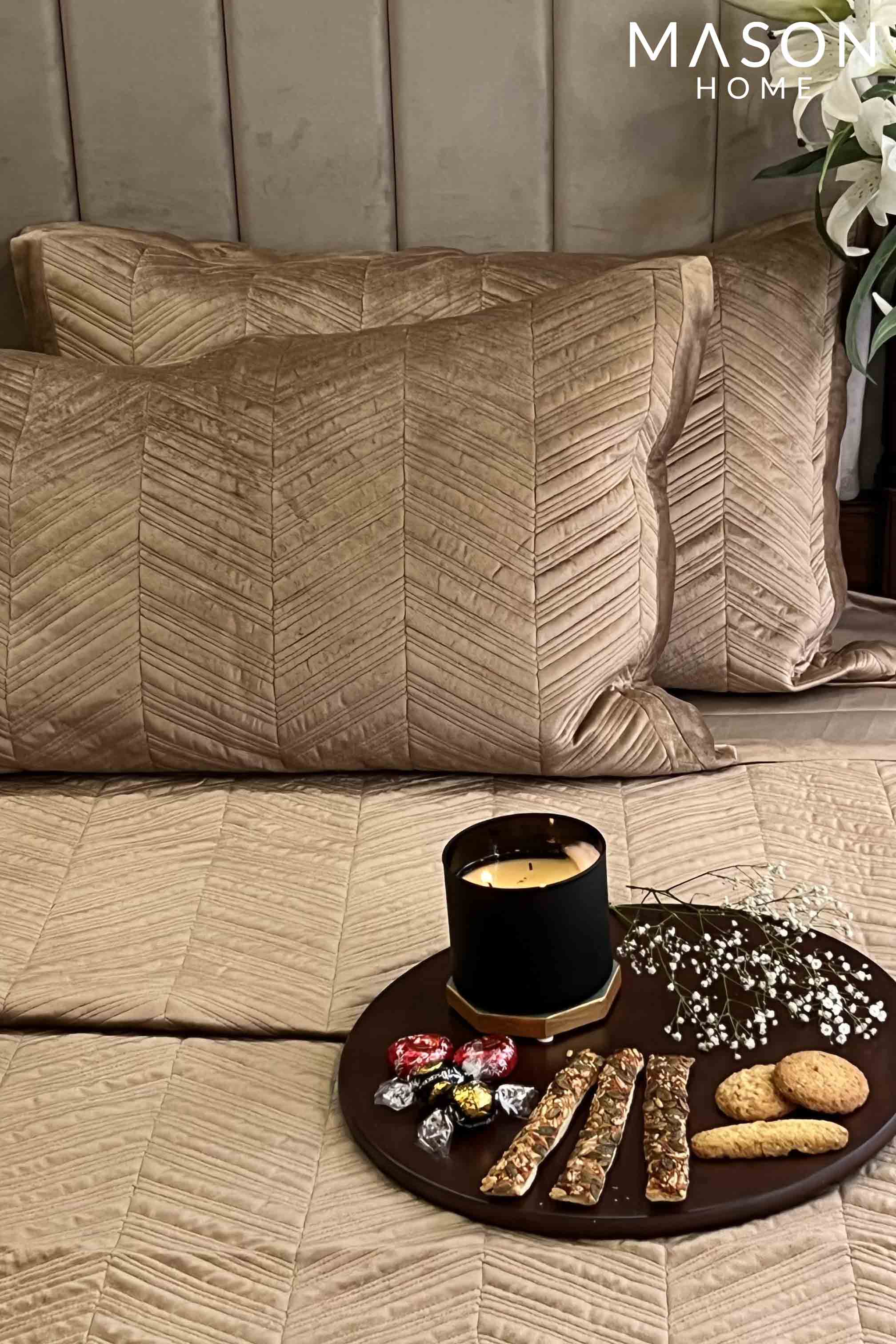 Herringbone Camel Velvet Bedspread
