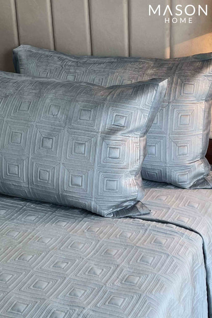 Squared Powder Blue Velvet Bedspread