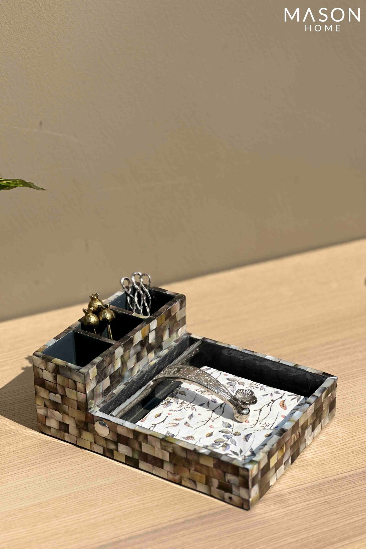 Black Mother Of Pearl Cutlery Holder &amp; Tissue Holder