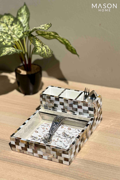 Black &amp; White Mother Of Pearl Cutlery Holder &amp; Tissue Holder