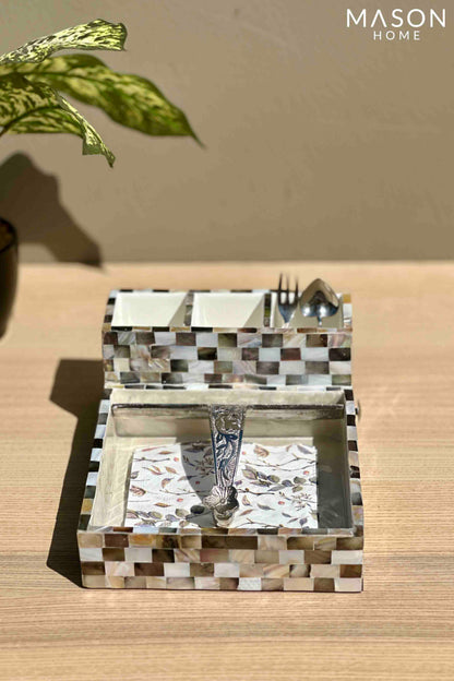 Black &amp; White Mother Of Pearl Cutlery Holder &amp; Tissue Holder