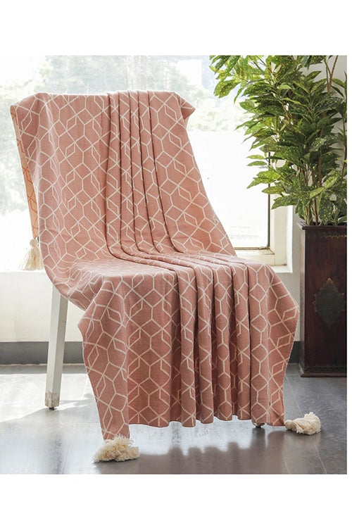 Trellis - Cotton Knitted All Season Throw Blanket (Blush Pink &amp; Natural)
