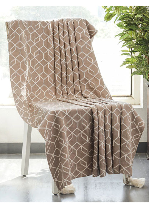 Trellis - Cotton Knitted All Season Throw Blanket (Stone &amp; Natural)