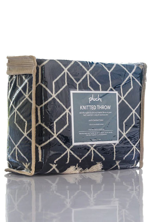 Trellis - Cotton Knitted All Season Throw Blanket (Black Base &amp; Natural)